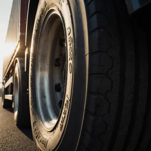 货车轮胎特写，高承载、多肋花纹设计，旁边展示物流货柜场景，阳光照射