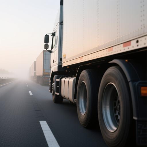 大型货车行驶在高速公路上的侧视图，轮胎清晰可见，背景为清晨雾气中的物流车队