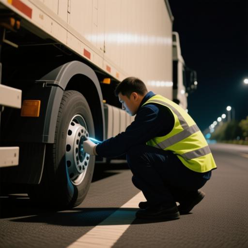 卡车停靠路边，工作人员在检测轮胎状况，背景夜晚，反光背心可见