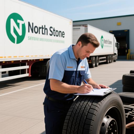 货运车队停靠仓库场景，车队统一贴有 North Stone 标志，司机在签轮胎维护记录本