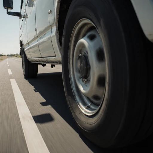 高速公路上一辆大型货车近景，轮胎特写，背景为清晨雾中物流车队