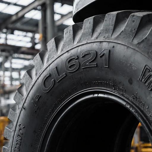 Close-up shot showing the robust tread pattern structure of a heavy machinery tire, the tire sidewall marked with the model "CL621", background features a modern factory production line, full of industrial aesthetics.