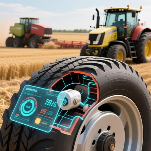 描绘智能轮胎内部传感器工作示意图，轮胎截面展示数据传输过程，数字界面显示胎压和负载数据，背景是现代农业机械在田野工作。
