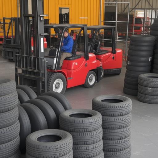 仓库中堆积如山的货车轮胎，工人正在检查库存，背景可以看到忙碌的物流配送车辆，整体氛围繁忙紧张。