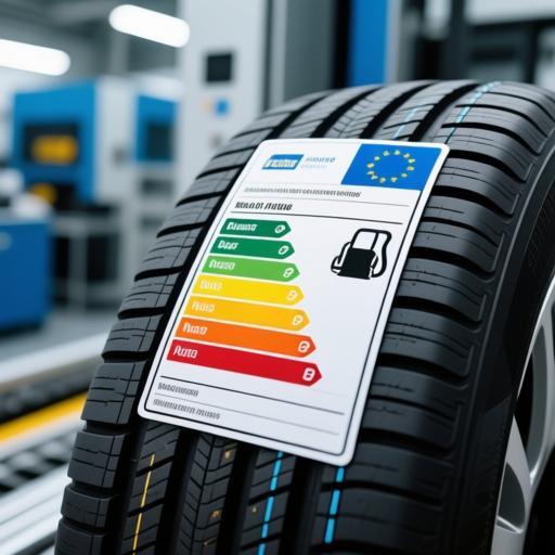 特写镜头展示欧盟轮胎标签，清晰显示燃油效率、湿抓地力和噪音等级的彩色评级，标签贴在新轮胎侧壁，背景是现代化的轮胎检测实验室。