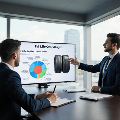 商务会议场景，轮胎公司代表向物流车队经理展示平板电脑上的数据驾驶舱，屏幕显示轮胎全生命周期成本分析图表，背景是现代化的车队运营中心。