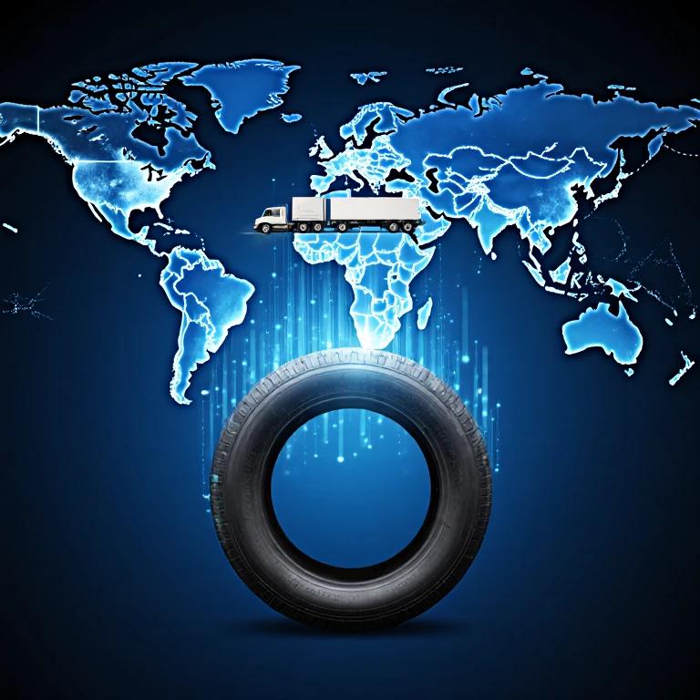 Conceptual diagram of future tire technology, showing the interaction between smart tires and a digital platform, tire sensors transmitting data in real-time to a control center, background is a global logistics network map, full of technological sense.