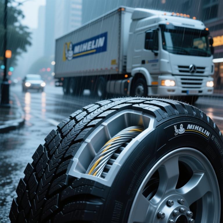 米其林X Multi轮胎剖面特写，展示3D打印花纹结构与内部增强钢缆，背景为城市货运车在雨中行驶的场景。
