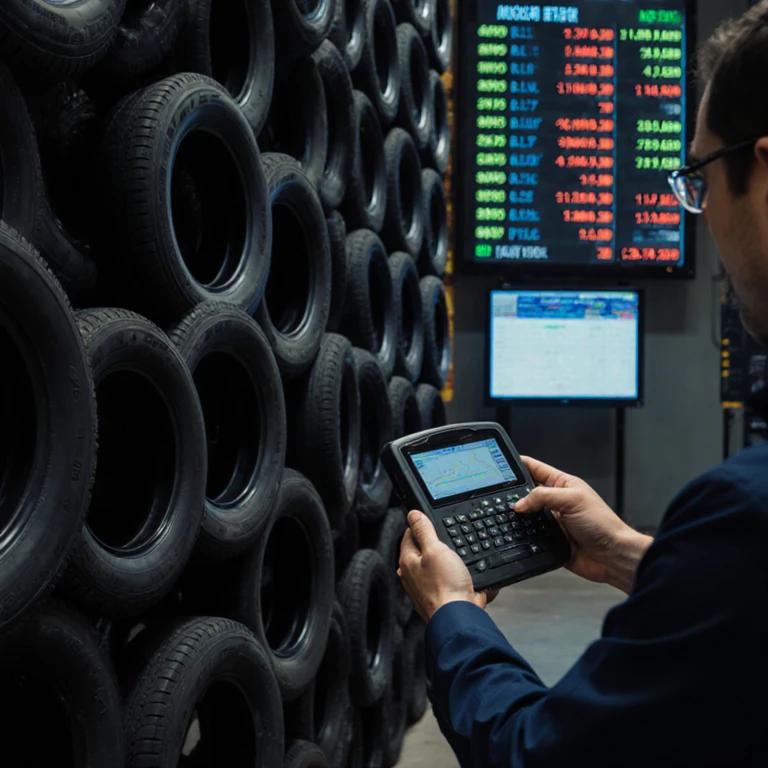 仓库内堆叠的卡客车轮胎货架，经销商使用扫码设备清点库存，背景电子屏显示价格波动曲线。