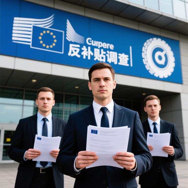 欧盟委员会大楼外景，工作人员手持公告文件，背景显示“反补贴调查”标题与轮胎商品图标，风格严肃。