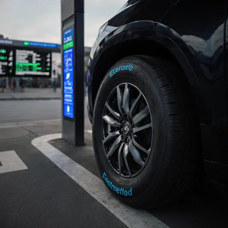 电动重卡在充电站更换轮胎，特写轮胎侧面的“EV专用”标识与层级结构，背景显示电量统计面板。