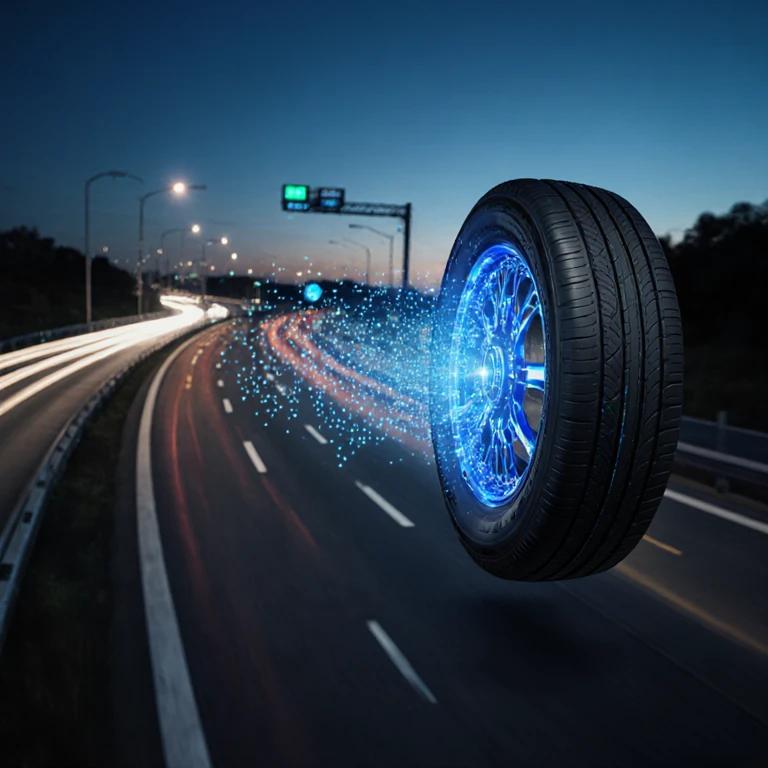 倍耐力Cyber轮胎剖面特写，展示内置传感器与数据流传输至车载中控屏，背景为高速公路智能驾驶场景。