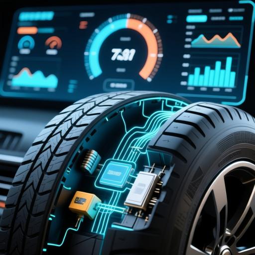  智能轮胎截面图显示内置传感器和数据流动轨迹，背景是数字化仪表盘显示轮胎压力、温度等实时数据，科技感十足。