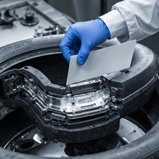 技术人员在实验室检测电动重卡轮胎，旁边是拆解的轮胎结构，显示超强钢帘线和双层尼龙增强层，高科技环境。