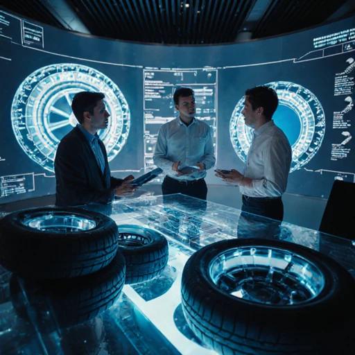 未来感十足的研发中心，工程师正在讨论轮胎设计方案，背景是概念轮胎草图和数字仿真界面，充满创新氛围。