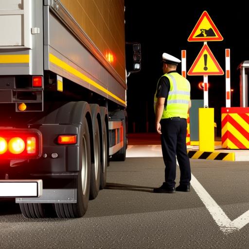 一辆严重超载的货车在检查站被警察拦截，轮胎因承压过大而变形，背景是警示标志和测量设备，夜晚场景。