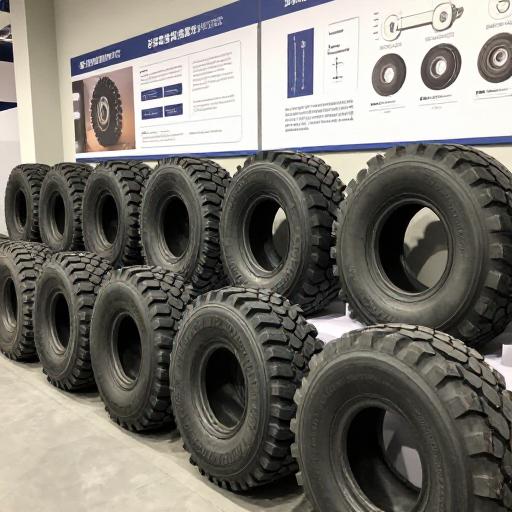 不同规格的卡车轮胎在展示厅中排列，展示其多样化的花纹设计和应用场景，背景是品牌标识和技术图表。 