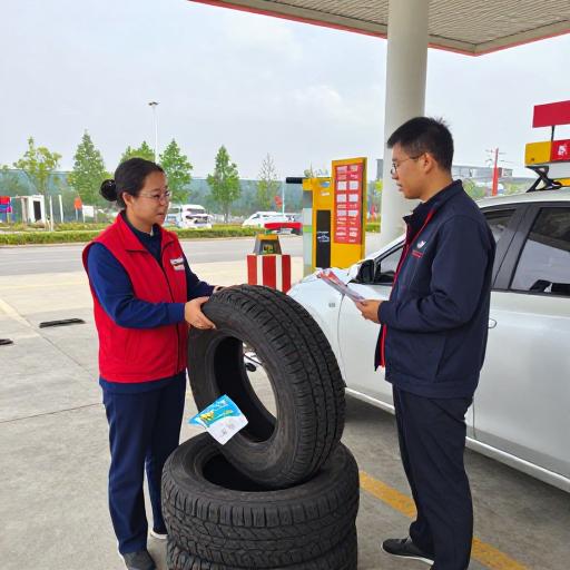 高速公路服务区内，收费站工作人员正在为司机讲解轮胎保养知识，背景是维修设备和安全宣传册，温馨的教育场景。