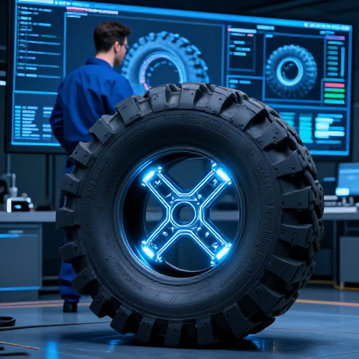 科技感十足的实验室场景。前景是一个被剖开的电动卡车轮胎截面，内部创新的“X”型骨架结构清晰可见，发出微光。背景是工程师在数据屏幕前工作的身影，屏幕上显示着轮胎性能的3D模拟数据。色调以深蓝和科技蓝为主，光线聚焦于轮胎截面。