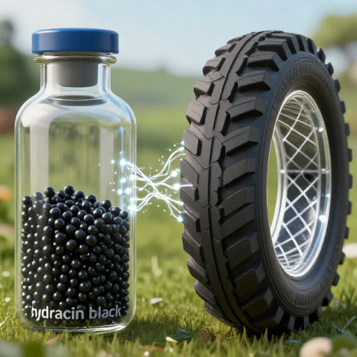 一幅充满未来感的合成图像。左侧实验瓶内盛放着新型的“绿松石氢炭黑”颗粒，右侧展示着一个结构精妙的非充气轮胎，其内部网状支撑体清晰透明。中间用发光的粒子流连接，象征材料与结构的创新结合。背景是模糊的绿色地球轮廓。风格为科幻与写实结合。