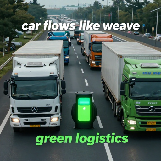 一条繁忙的高速公路，前景是一辆正在行驶的新能源重卡（电动或氢燃料），其轮胎特写清晰，背景是多个品牌的重卡车队。画面动感，色调明亮，突出“车流如织”和“绿色物流”的主题。