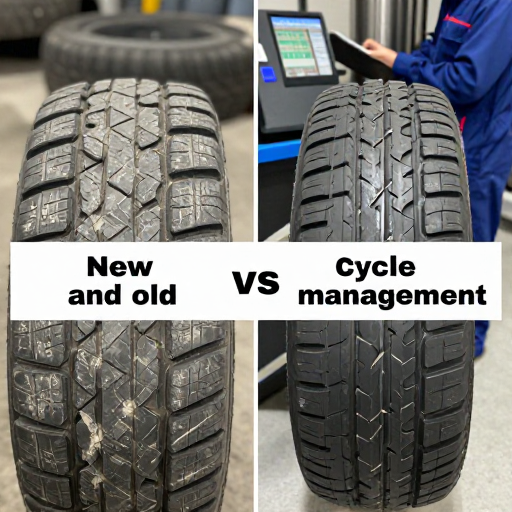一幅对比图，左侧是布满磨损痕迹的旧轮胎特写，右侧是光洁崭新的同型号轮胎。背景虚化处，一位车队维修技师正在记录里程数据。画面强调“新旧对比”与“周期管理”。
