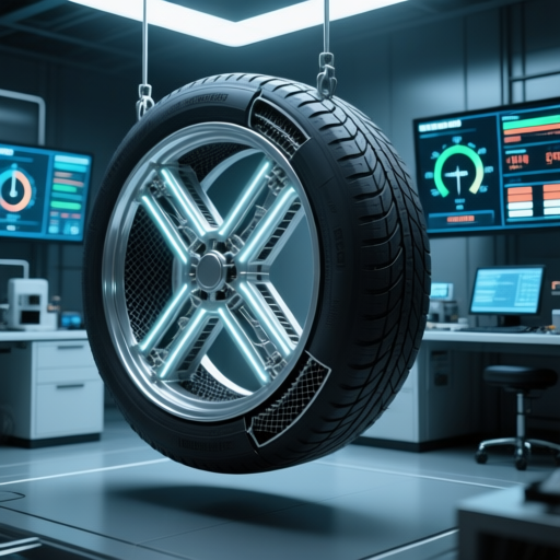 科技感十足的实验室场景，一个被剖开的电动卡车轮胎截面悬于中央，内部创新的“X”型骨架结构（象征X-玄甲技术）和特殊的复合材料层（象征X碳极技术）清晰可见，发出微光。背景是显示着压力、温度数据的监控屏幕。