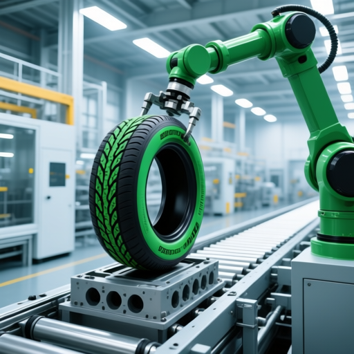 现代化工厂生产线全景，机械手正将一条崭新的“绿动侠EV505”轮胎从模具中取出，轮胎侧面花纹清晰。背景是整洁、自动化的流水线，充满工业美感与现代感。