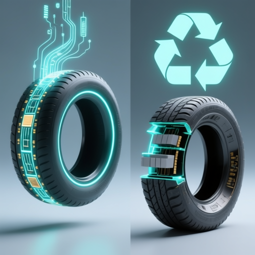 一幅代表未来的概念图，左侧是一条嵌入了发光芯片的智能轮胎，数据流从轮胎飘向空中；右侧是同一条轮胎经过多次翻新后不同阶段的剖面展示，背景是循环再生的符号。整体风格简约、科技。