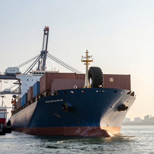 一艘巨大的集装箱货轮正在离港，近景的集装箱上印有中国轮胎品牌的显著Logo。背景是晨光中的港口吊机，寓意“中国制造出海”。视角宏大有气势。