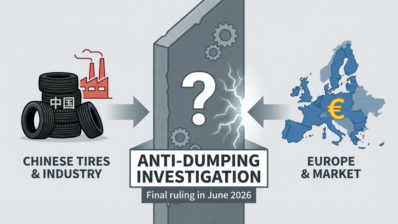 Flow Image: A symbolic infographic-style illustration: on the left is an icon of Chinese tires and the outline of a factory, on the right is a map of Europe and the euro symbol, separated in the middle by a gray barrier that reads "Anti-Dumping Investigation," with a question mark and the words "Final ruling in June 2026."