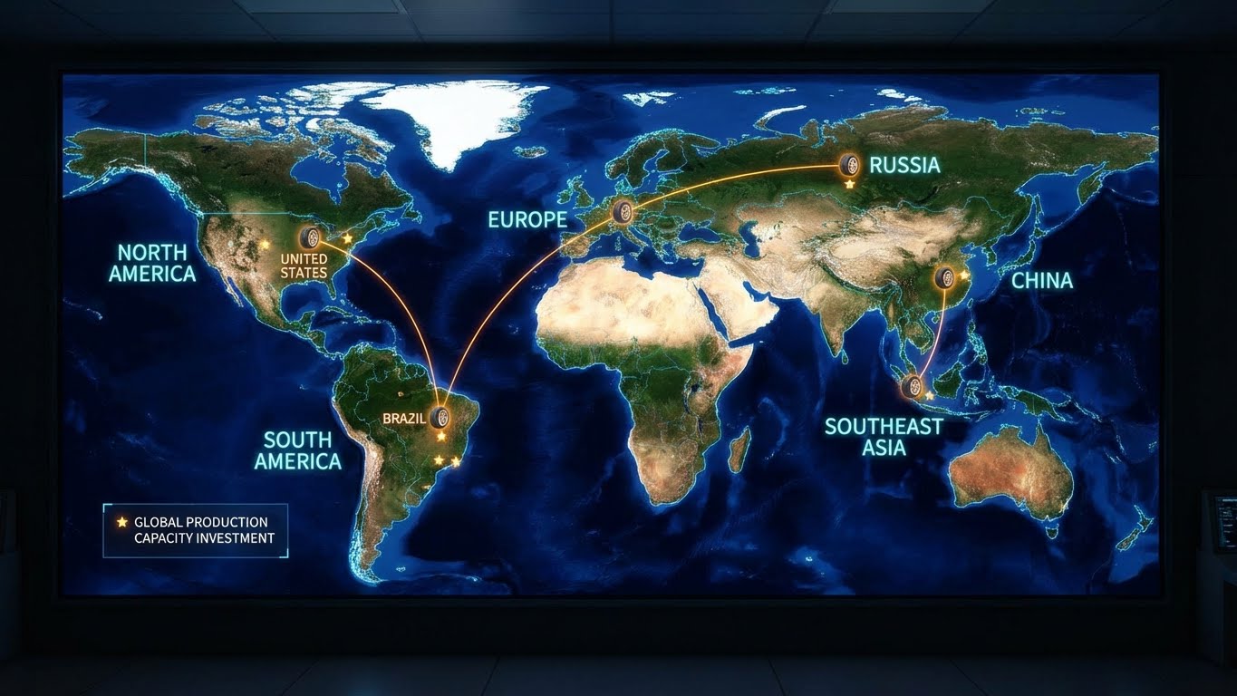 Flow Image: A grand aerial/satellite map image clearly marks regions such as China, Southeast Asia, Europe, North America, and South America. It uses glowing lines and tire icons to mark the locations of production capacity investment mentioned in this paragraph, such as Brazil, Russia, and the United States, presenting a visual sense of a global chessboard layout.